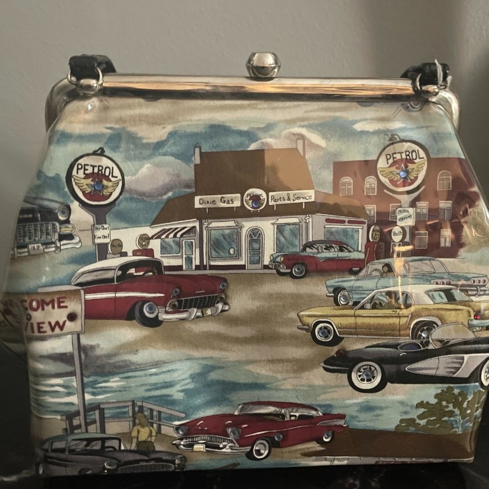 Retro Classic Cars Print Satchel Bag in Multicolor